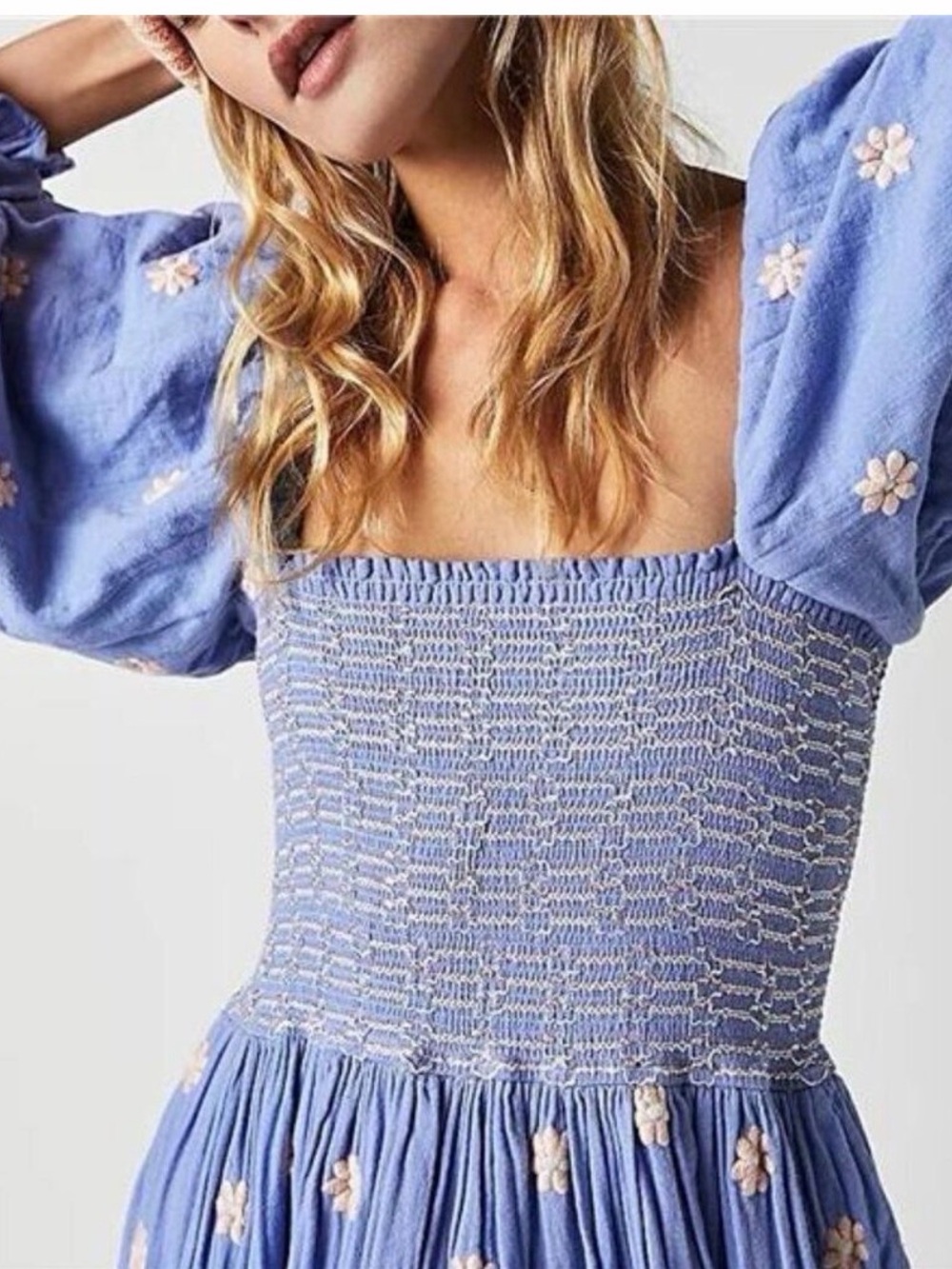 Free People Smocked Square-Neck Midi Dress Dahlia with Pink Floral Embroidery